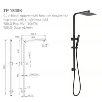 ECT Qubi Black Square Multi Function Shower Rail (Top Inlet) with Single Hose (bk)